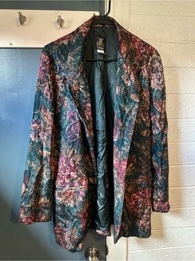 San Moire vintage Dark Teal Floral Brocade Blazer with Pink & Gold Accents